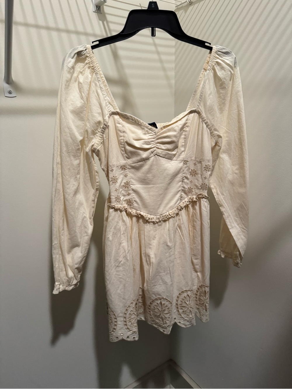 American Eagle Outfitters Cream Long Sleeve Embroidered Mini Dress